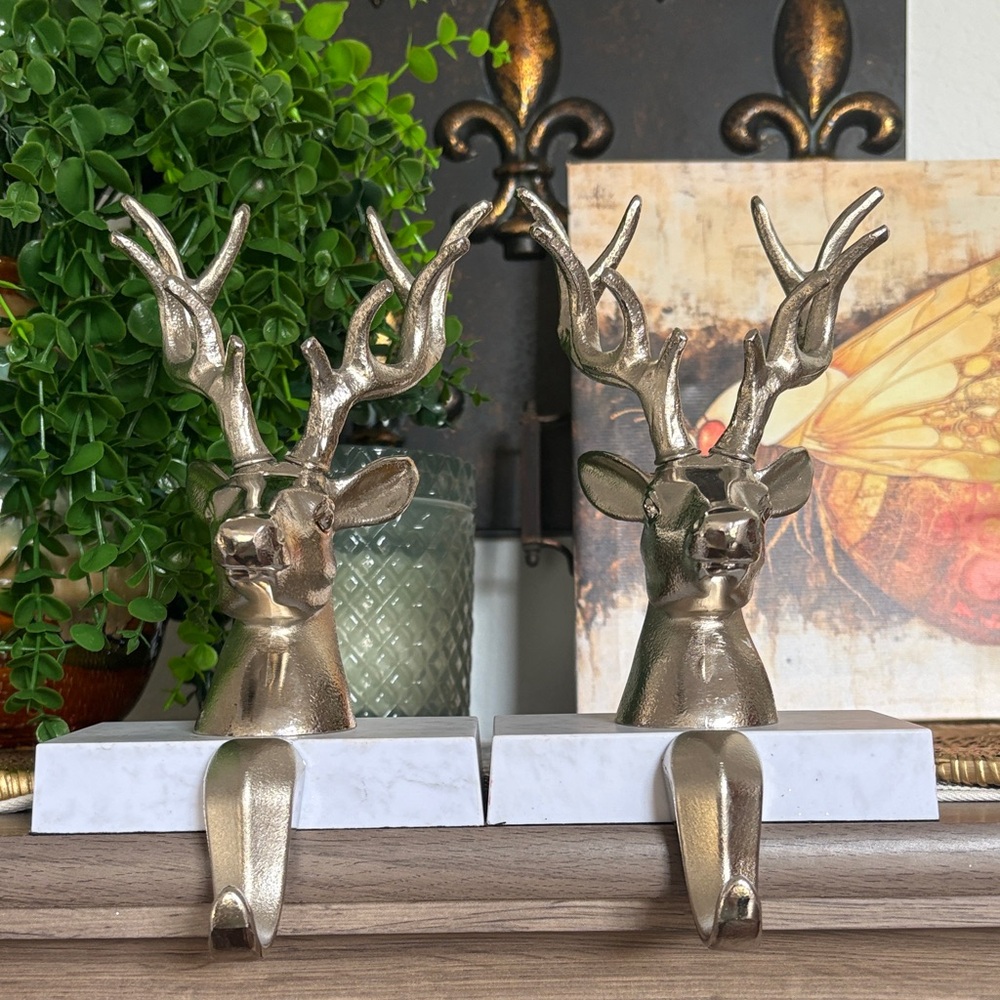 Crate & Barrel Silver Reindeer Bust Stocking Holders, Set Of 2